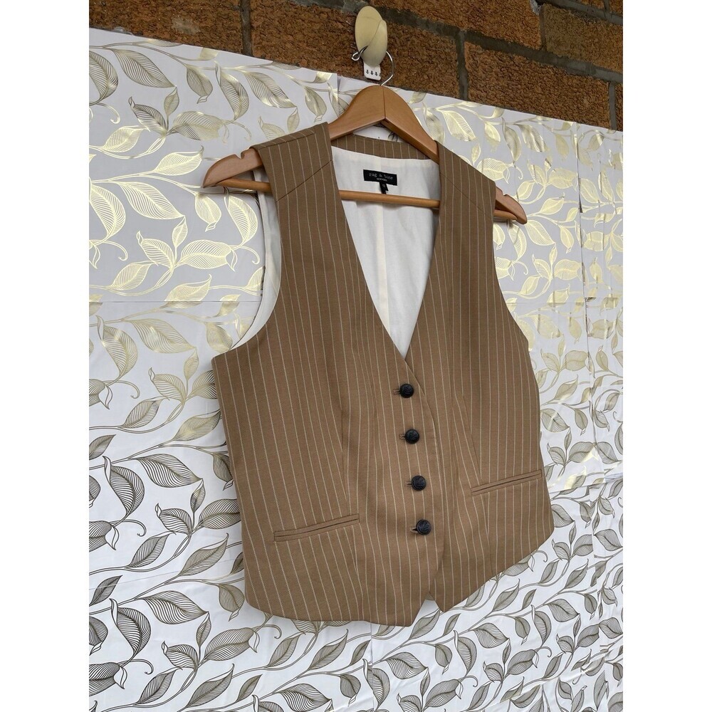 Rag & Bone Tan Pinstripe Wool Vest Waistcoat Size 12 Dark Academia Corporatecor - Picture 4 of 9